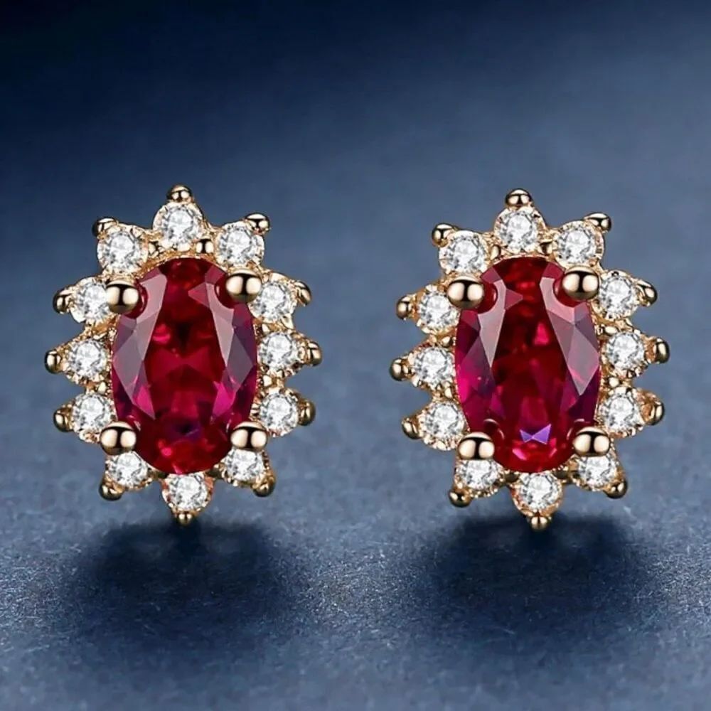Oval Ruby Red Stone CZ Stud Earrings Womens 18K Gold Vermeil Jewelry New